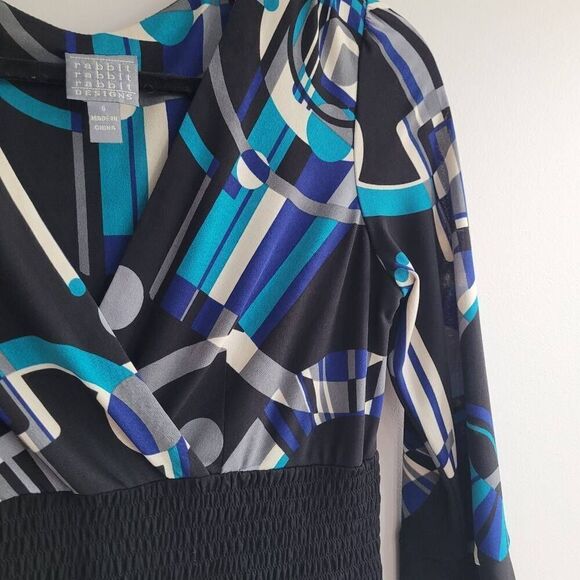 Vintage y2k geometric print blue v neck dress artsy unique‎ 2000s office - Picture 3 of 13